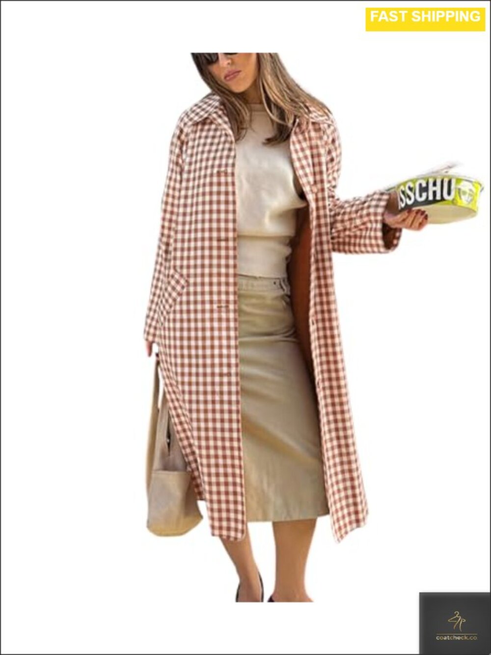 Plaid Long Trench Coat Single Breasted Casual Jacket Overcoat